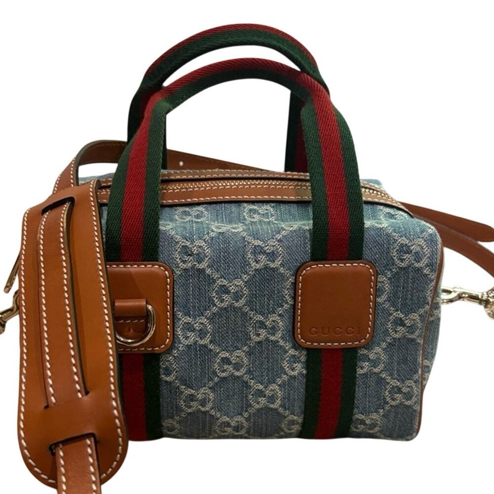 Gucci GG Denim Calfskin Boston Convertible Top Handle Bag Denim Mini